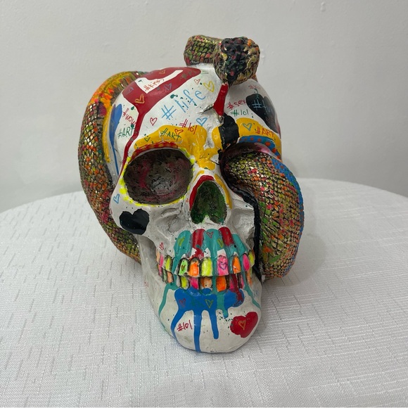 Colorful Skull Art Sculpture Wood - Picture 1 of 5